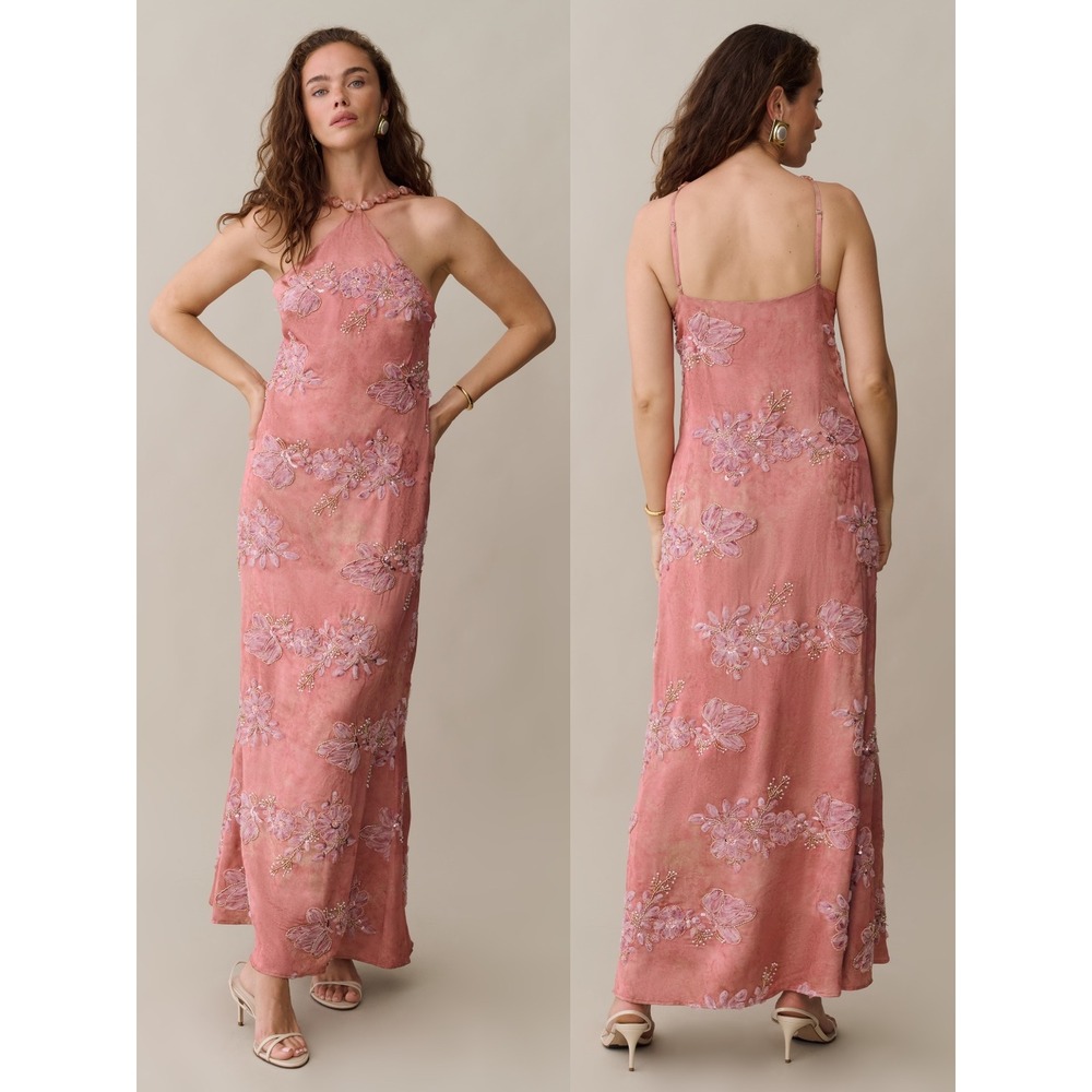 NWT o.p.t Kayda Pink Beaded Floral Halter Maxi Dress - Size 4